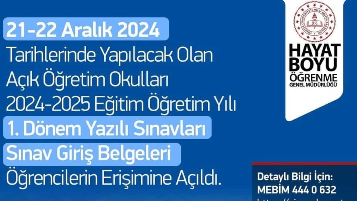 I. Dönem Yazılı Sınavları Giriş Belgeleri Önemli Duyuru